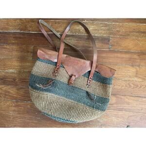 90s Tribal Market Bag Woven Sisal Leather Closure & Straps Boho Purse Carryall